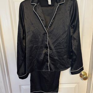 Forever 21 Black Satin Pajama Set with White Trim